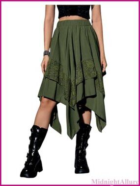Flowy Lace Asymmetrical High Low A-Line Gothic Steampunk Midi Skirt
